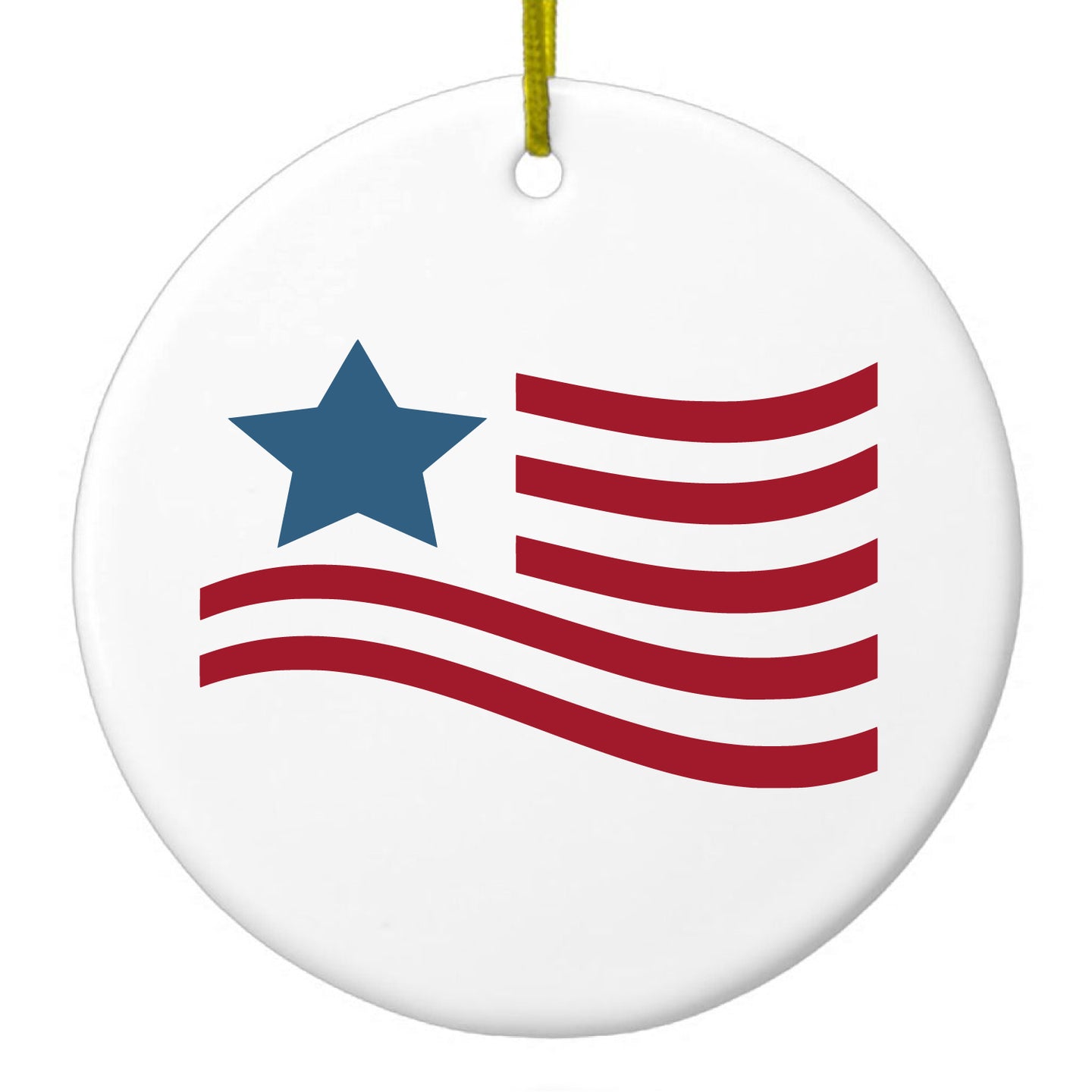 DistinctInk® Hanging Ceramic Christmas Tree Ornament with Gold String - Great Gift / Present - 2 3/4 inch Diameter - USA Waving Flag Red White & Blue