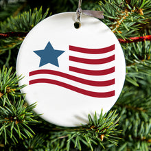 DistinctInk® Hanging Ceramic Christmas Tree Ornament with Gold String - Great Gift / Present - 2 3/4 inch Diameter - USA Waving Flag Red White & Blue