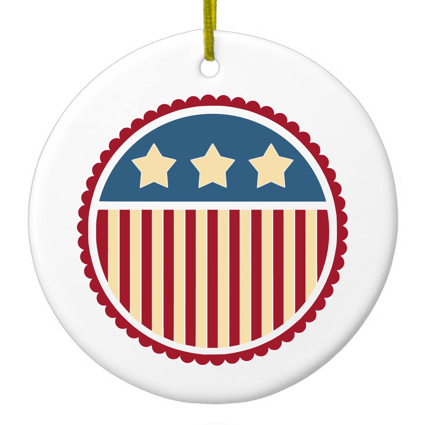 DistinctInk® Hanging Ceramic Christmas Tree Ornament with Gold String - Great Gift / Present - 2 3/4 inch Diameter - USA Seal Flag Red White & Blue