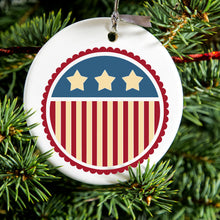 DistinctInk® Hanging Ceramic Christmas Tree Ornament with Gold String - Great Gift / Present - 2 3/4 inch Diameter - USA Seal Flag Red White & Blue
