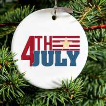 DistinctInk® Hanging Ceramic Christmas Tree Ornament with Gold String - Great Gift / Present - 2 3/4 inch Diameter - 4th of July Word Art USA Flag