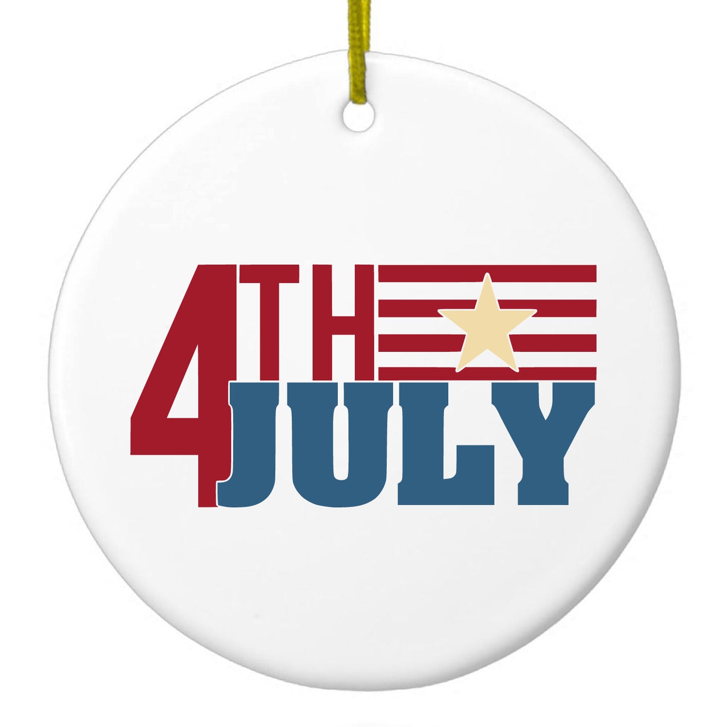 DistinctInk® Hanging Ceramic Christmas Tree Ornament with Gold String - Great Gift / Present - 2 3/4 inch Diameter - 4th of July Word Art USA Flag
