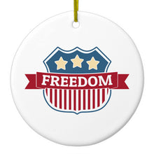 DistinctInk® Hanging Ceramic Christmas Tree Ornament with Gold String - Great Gift / Present - 2 3/4 inch Diameter - USA Freedom Badge Red White & Blue