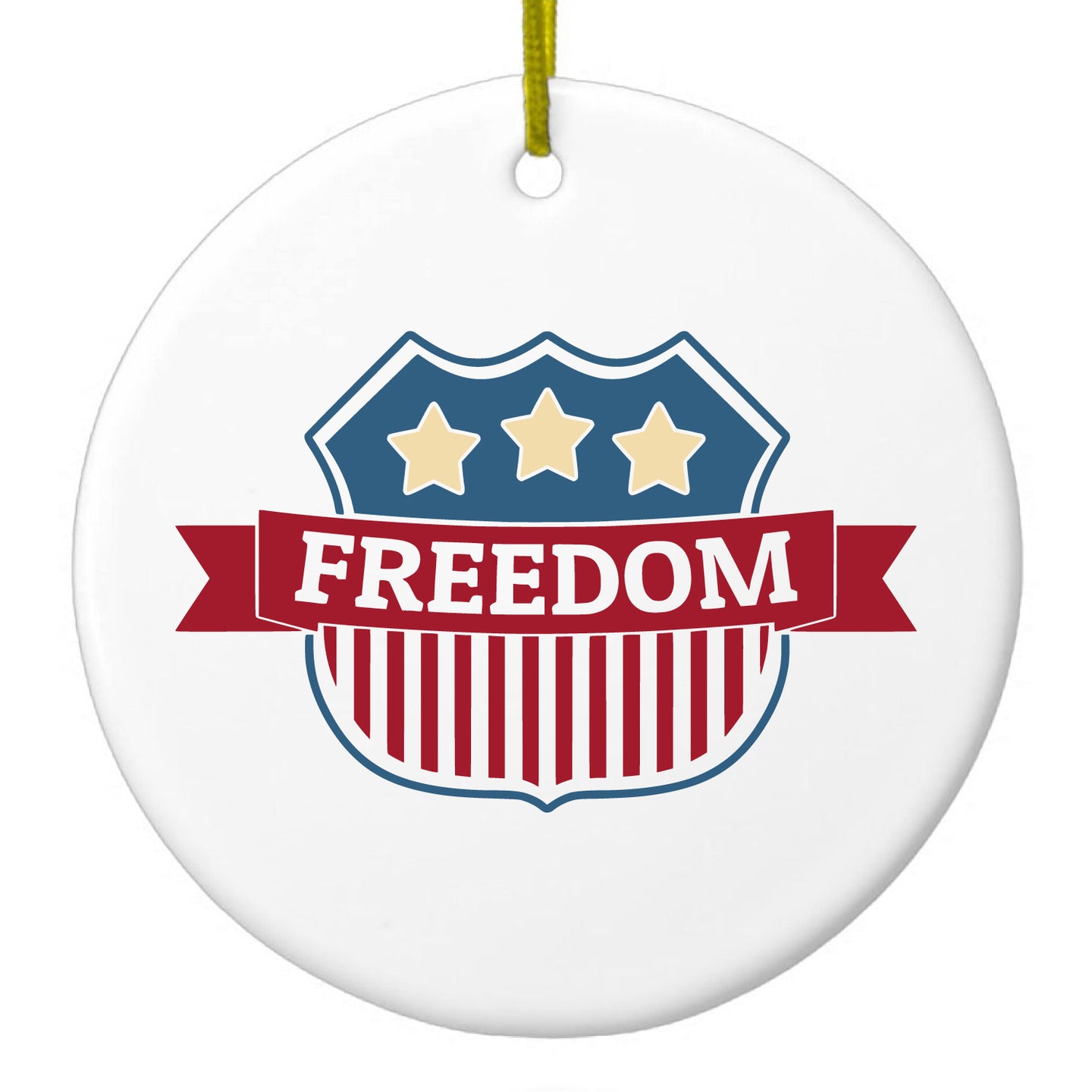 DistinctInk® Hanging Ceramic Christmas Tree Ornament with Gold String - Great Gift / Present - 2 3/4 inch Diameter - USA Freedom Badge Red White & Blue