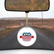DistinctInk® Hanging Ceramic Christmas Tree Ornament with Gold String - Great Gift / Present - 2 3/4 inch Diameter - USA Freedom Badge Red White & Blue
