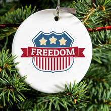 DistinctInk® Hanging Ceramic Christmas Tree Ornament with Gold String - Great Gift / Present - 2 3/4 inch Diameter - USA Freedom Badge Red White & Blue