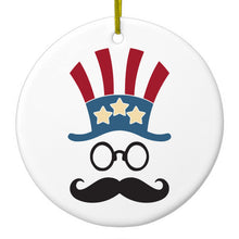 DistinctInk® Hanging Ceramic Christmas Tree Ornament with Gold String - Great Gift / Present - 2 3/4 inch Diameter - Uncle Sam Cartoon USA Patriotic