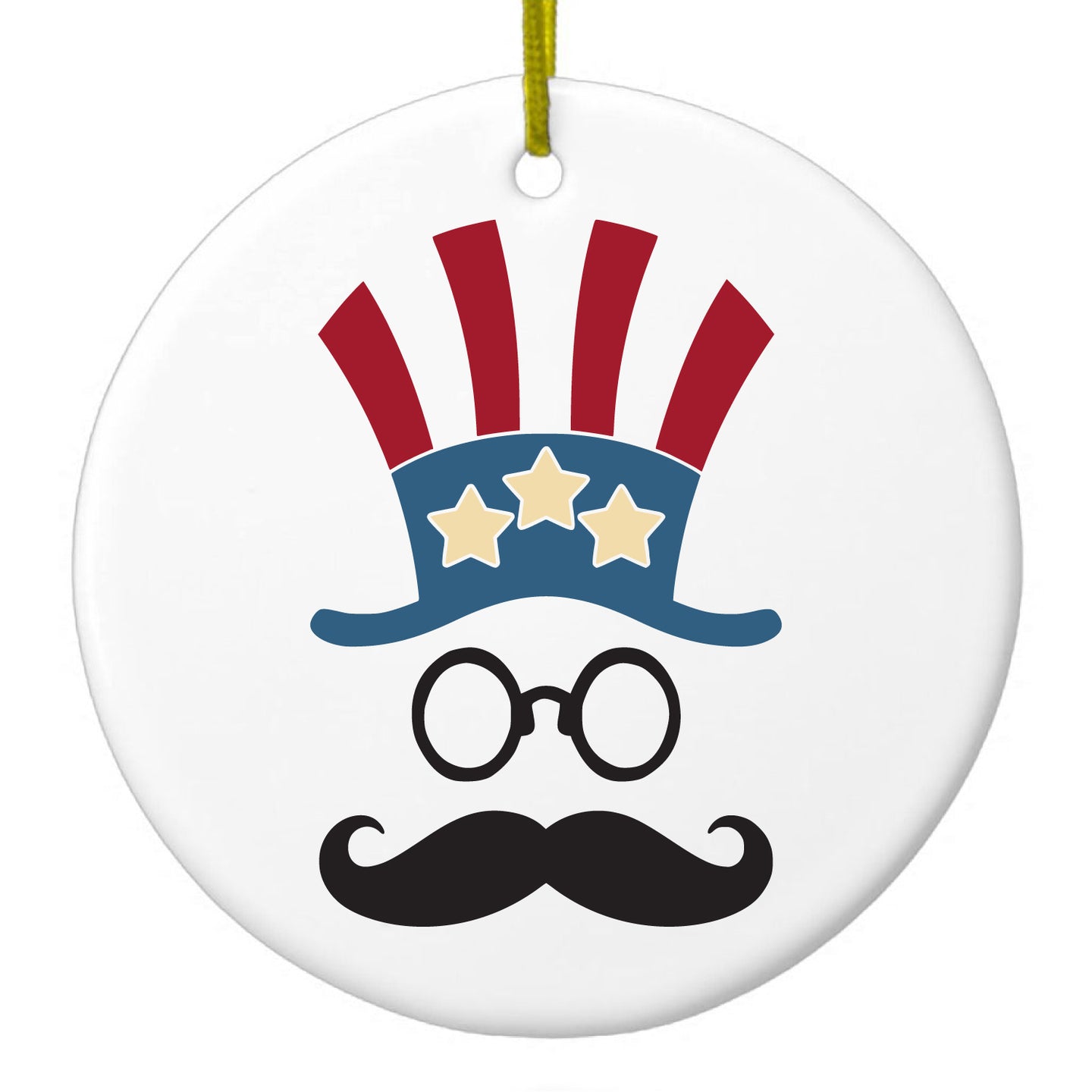 DistinctInk® Hanging Ceramic Christmas Tree Ornament with Gold String - Great Gift / Present - 2 3/4 inch Diameter - Uncle Sam Cartoon USA Patriotic