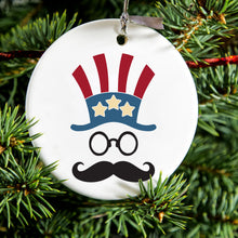 DistinctInk® Hanging Ceramic Christmas Tree Ornament with Gold String - Great Gift / Present - 2 3/4 inch Diameter - Uncle Sam Cartoon USA Patriotic