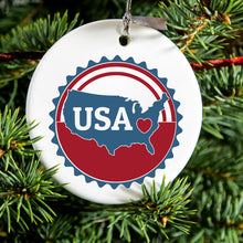 DistinctInk® Hanging Ceramic Christmas Tree Ornament with Gold String - Great Gift / Present - 2 3/4 inch Diameter - USA Heart Seal Red White & Blue
