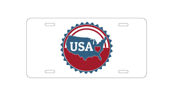 DistinctInk Custom Aluminum Decorative Vanity Front License Plate - USA Heart Seal Red White & Blue
