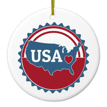 DistinctInk® Hanging Ceramic Christmas Tree Ornament with Gold String - Great Gift / Present - 2 3/4 inch Diameter - USA Heart Seal Red White & Blue