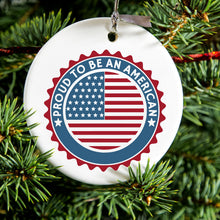 DistinctInk® Hanging Ceramic Christmas Tree Ornament with Gold String - Great Gift / Present - 2 3/4 inch Diameter - USA Seal - Proud to be an American