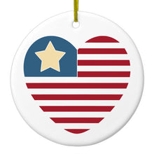 DistinctInk® Hanging Ceramic Christmas Tree Ornament with Gold String - Great Gift / Present - 2 3/4 inch Diameter - USA Heart Seal Single Start Flag