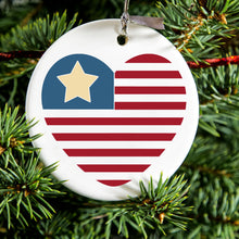 DistinctInk® Hanging Ceramic Christmas Tree Ornament with Gold String - Great Gift / Present - 2 3/4 inch Diameter - USA Heart Seal Single Start Flag
