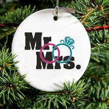 DistinctInk® Hanging Ceramic Christmas Tree Ornament with Gold String - Great Gift / Present - 2 3/4 inch Diameter - Mr. & Mrs. Wedding Rings