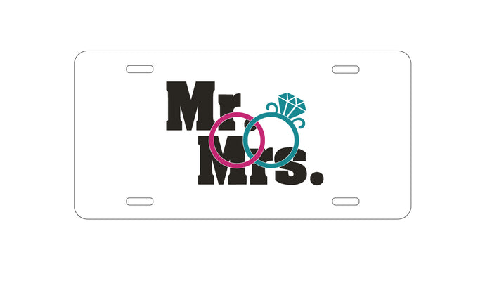 DistinctInk Custom Aluminum Decorative Vanity Front License Plate - Mr. & Mrs. Wedding Rings