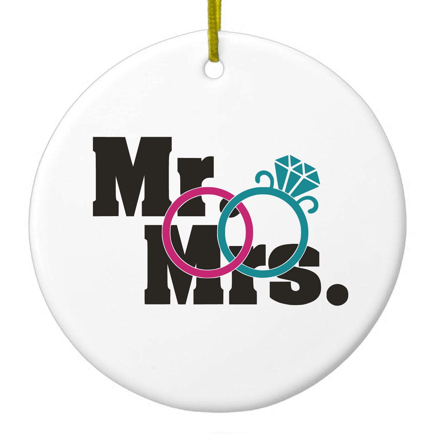 DistinctInk® Hanging Ceramic Christmas Tree Ornament with Gold String - Great Gift / Present - 2 3/4 inch Diameter - Mr. & Mrs. Wedding Rings