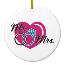 DistinctInk® Hanging Ceramic Christmas Tree Ornament with Gold String - Great Gift / Present - 2 3/4 inch Diameter - Mr. & Mrs. Wedding Rings Heart