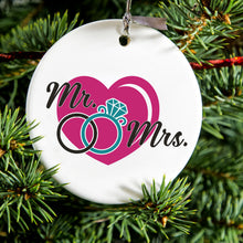 DistinctInk® Hanging Ceramic Christmas Tree Ornament with Gold String - Great Gift / Present - 2 3/4 inch Diameter - Mr. & Mrs. Wedding Rings Heart