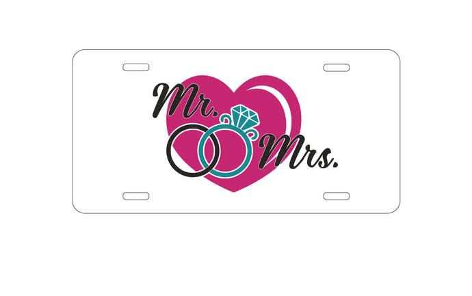 DistinctInk Custom Aluminum Decorative Vanity Front License Plate - Mr. & Mrs. Wedding Rings Heart