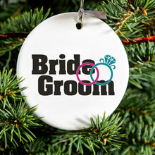 DistinctInk® Hanging Ceramic Christmas Tree Ornament with Gold String - Great Gift / Present - 2 3/4 inch Diameter - Bride & Groom Wedding Rings