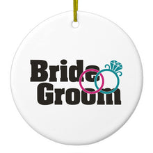 DistinctInk® Hanging Ceramic Christmas Tree Ornament with Gold String - Great Gift / Present - 2 3/4 inch Diameter - Bride & Groom Wedding Rings