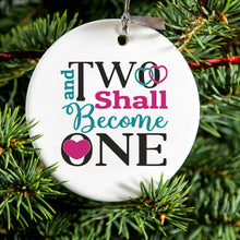 DistinctInk® Hanging Ceramic Christmas Tree Ornament with Gold String - Great Gift / Present - 2 3/4 inch Diameter - Two Shall Become One - Wedding