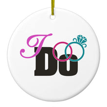 DistinctInk® Hanging Ceramic Christmas Tree Ornament with Gold String - Great Gift / Present - 2 3/4 inch Diameter - I Do - Wedding Rings