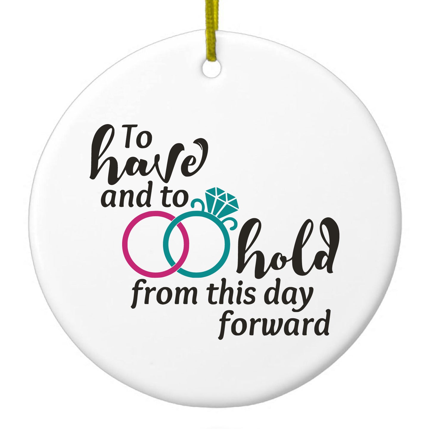 DistinctInk® Hanging Ceramic Christmas Tree Ornament with Gold String - Great Gift / Present - 2 3/4 inch Diameter - To Have & To Hold Wedding Rings