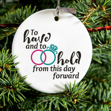 DistinctInk® Hanging Ceramic Christmas Tree Ornament with Gold String - Great Gift / Present - 2 3/4 inch Diameter - To Have & To Hold Wedding Rings