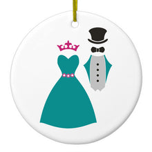 DistinctInk® Hanging Ceramic Christmas Tree Ornament with Gold String - Great Gift / Present - 2 3/4 inch Diameter - Bride & Groom Wedding Attire