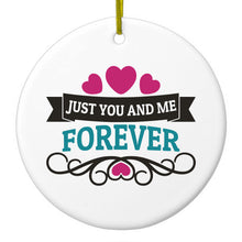 DistinctInk® Hanging Ceramic Christmas Tree Ornament with Gold String - Great Gift / Present - 2 3/4 inch Diameter - Just You And Me Forever