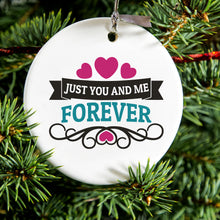 DistinctInk® Hanging Ceramic Christmas Tree Ornament with Gold String - Great Gift / Present - 2 3/4 inch Diameter - Just You And Me Forever