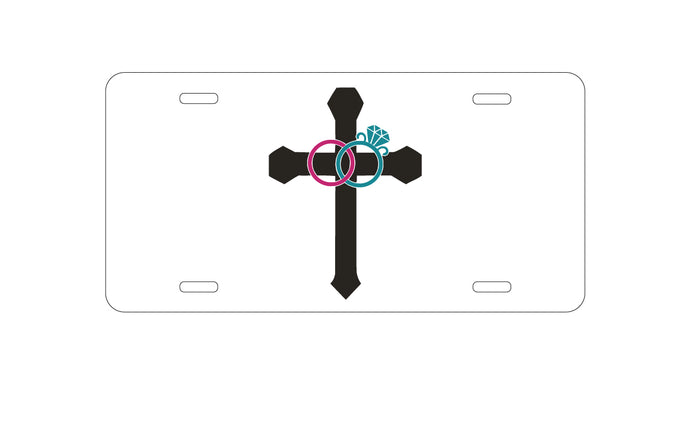 DistinctInk Custom Aluminum Decorative Vanity Front License Plate - Wedding Rings Cross Jesus