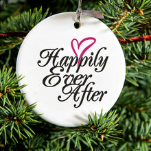 DistinctInk® Hanging Ceramic Christmas Tree Ornament with Gold String - Great Gift / Present - 2 3/4 inch Diameter - Happily Ever After Heart