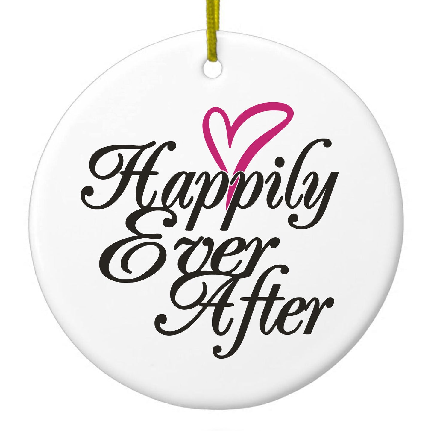 DistinctInk® Hanging Ceramic Christmas Tree Ornament with Gold String - Great Gift / Present - 2 3/4 inch Diameter - Happily Ever After Heart