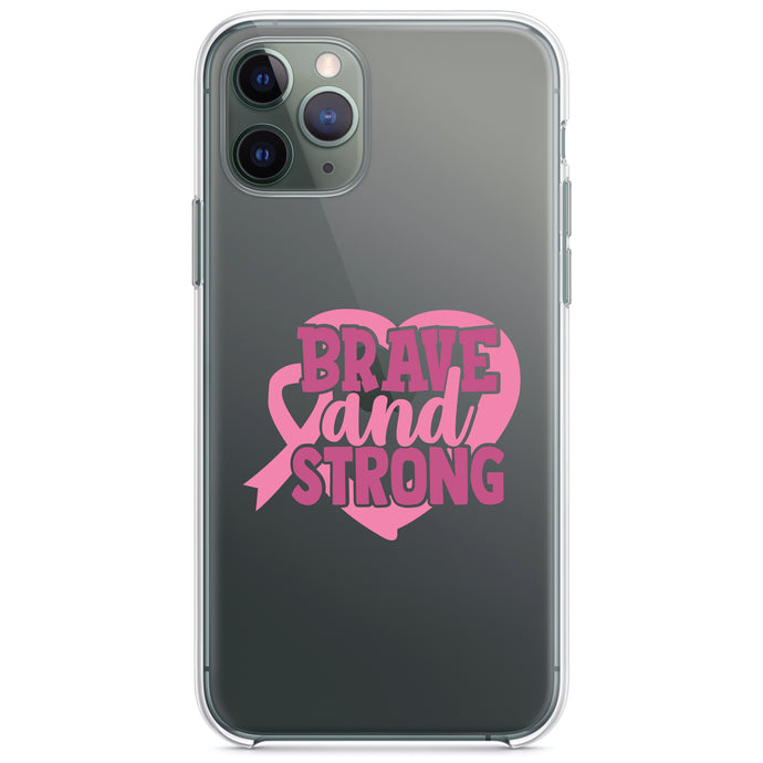 DistinctInk® Clear Shockproof Hybrid Case for Apple iPhone / Samsung Galaxy / Google Pixel - Pink Ribbon Cancer - Brave & Strong