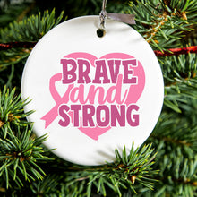 DistinctInk® Hanging Ceramic Christmas Tree Ornament with Gold String - Great Gift / Present - 2 3/4 inch Diameter - Pink Ribbon Cancer - Brave & Strong