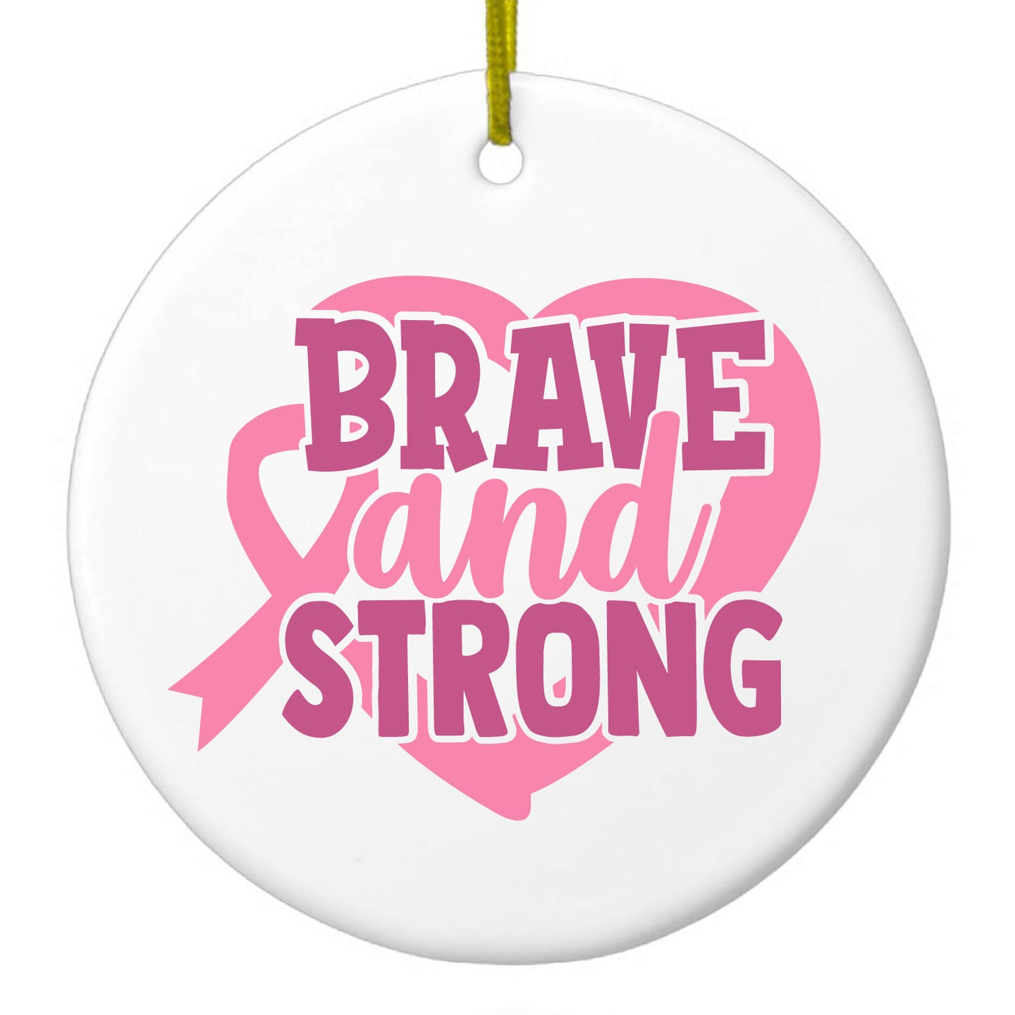 DistinctInk® Hanging Ceramic Christmas Tree Ornament with Gold String - Great Gift / Present - 2 3/4 inch Diameter - Pink Ribbon Cancer - Brave & Strong