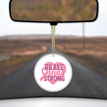DistinctInk® Hanging Ceramic Christmas Tree Ornament with Gold String - Great Gift / Present - 2 3/4 inch Diameter - Pink Ribbon Cancer - Brave & Strong