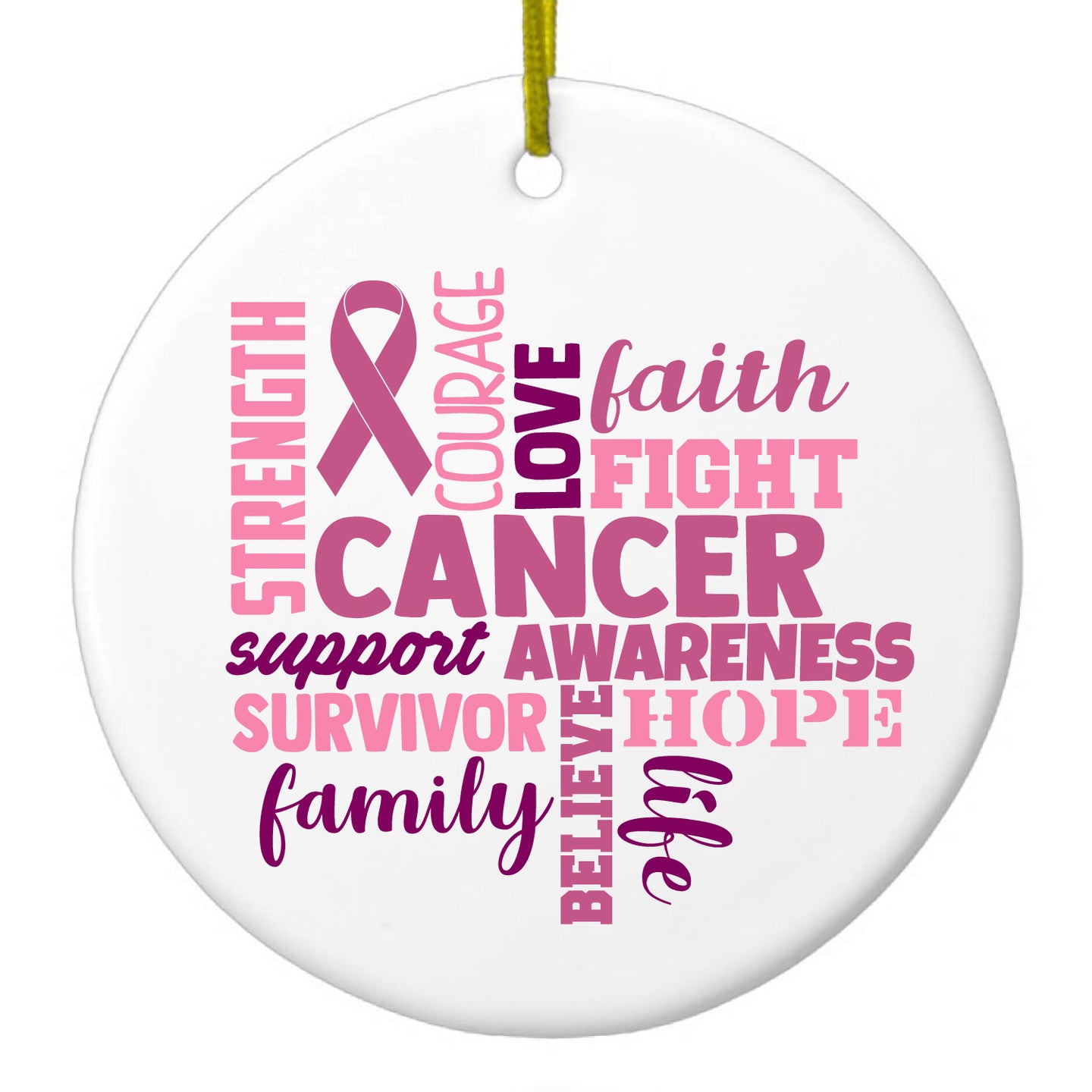 DistinctInk® Hanging Ceramic Christmas Tree Ornament with Gold String - Great Gift / Present - 2 3/4 inch Diameter - Pink Ribbon Cancer - Word Art
