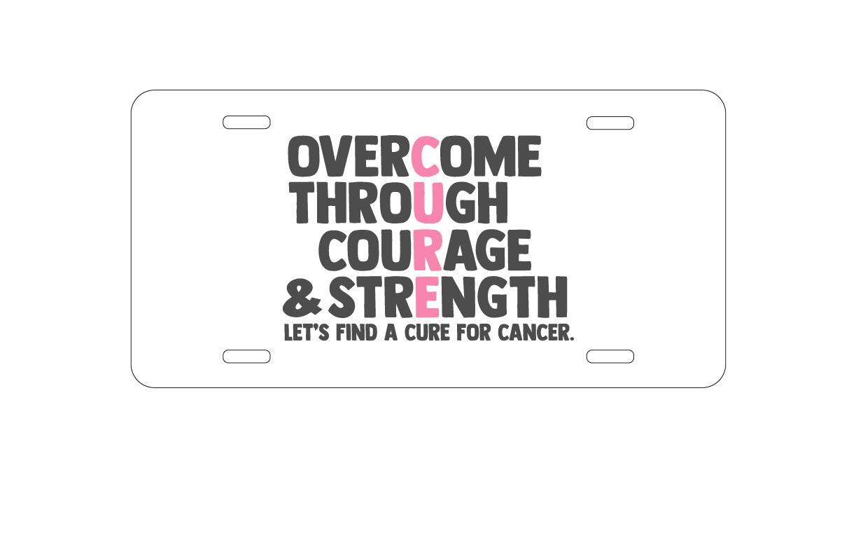 DistinctInk Custom Aluminum Decorative Vanity Front License Plate - Pink Ribbon Cancer - Cure Word Art