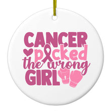 DistinctInk® Hanging Ceramic Christmas Tree Ornament with Gold String - Great Gift / Present - 2 3/4 inch Diameter - Pink Ribbon Cancer Picked the Wrong Girl