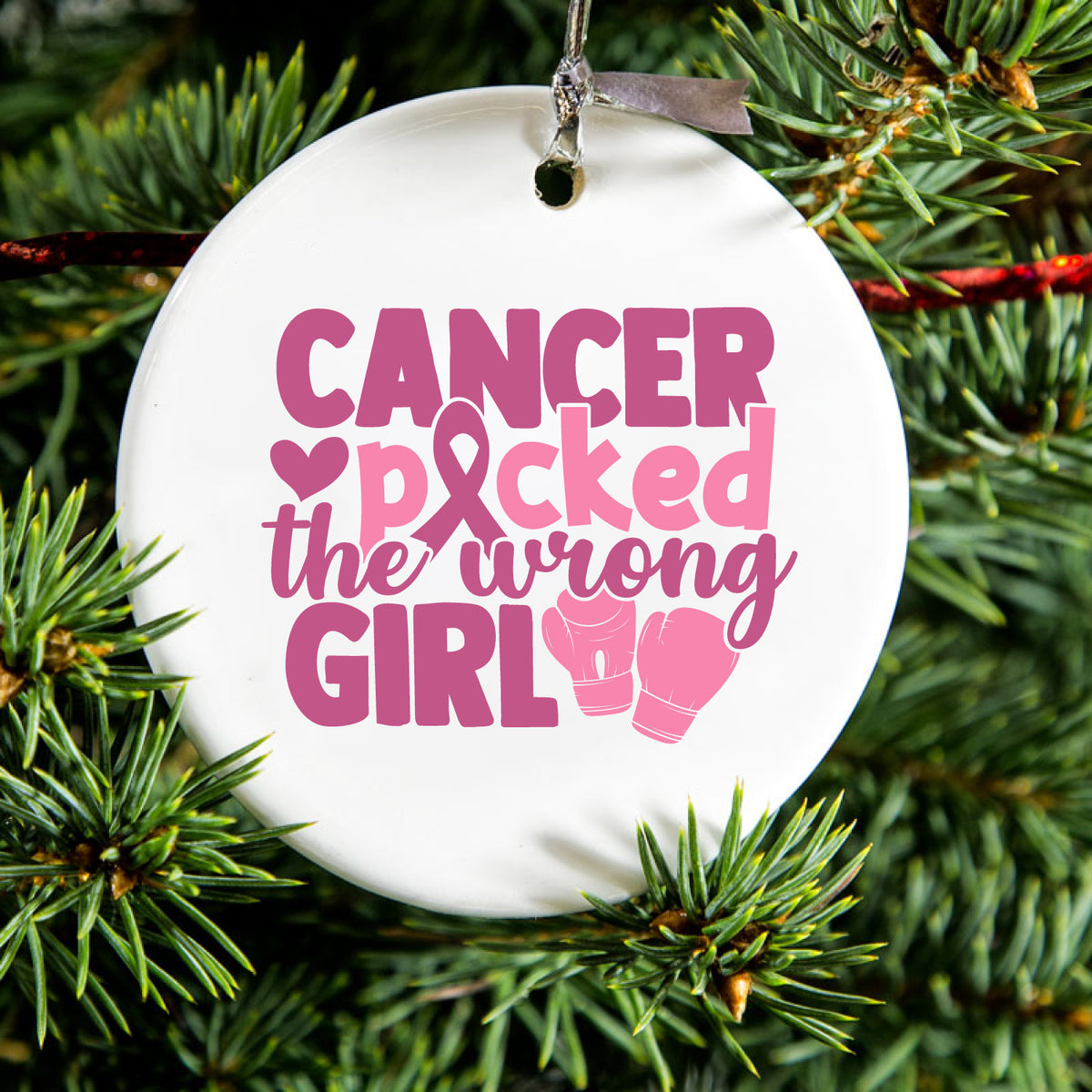 Pink Ribbon Cancer Picked the Wrong Girl Ceramic Ornament, view 2