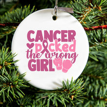 DistinctInk® Hanging Ceramic Christmas Tree Ornament with Gold String - Great Gift / Present - 2 3/4 inch Diameter - Pink Ribbon Cancer Picked the Wrong Girl