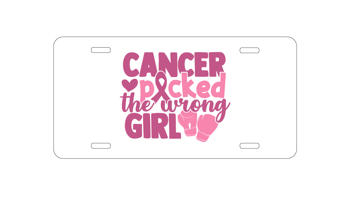DistinctInk Custom Aluminum Decorative Vanity Front License Plate - Pink Ribbon Cancer Picked the Wrong Girl