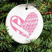 DistinctInk® Hanging Ceramic Christmas Tree Ornament with Gold String - Great Gift / Present - 2 3/4 inch Diameter - Pink Ribbon Cancer - Survivor Heart