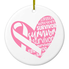 DistinctInk® Hanging Ceramic Christmas Tree Ornament with Gold String - Great Gift / Present - 2 3/4 inch Diameter - Pink Ribbon Cancer - Survivor Heart