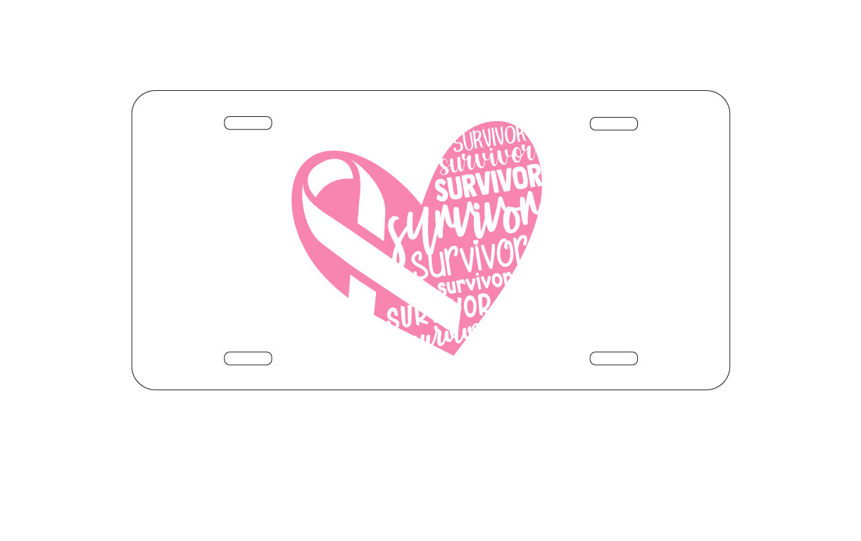 DistinctInk Custom Aluminum Decorative Vanity Front License Plate - Pink Ribbon Cancer - Survivor Heart